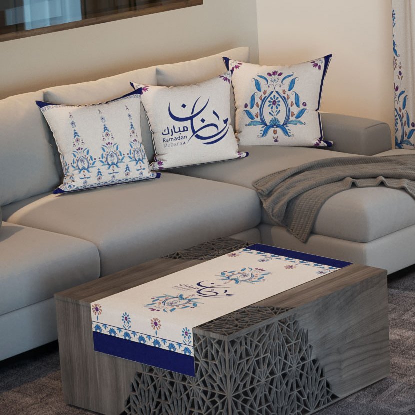 Blue Porcelain — the three cushions and the coffee-table runner