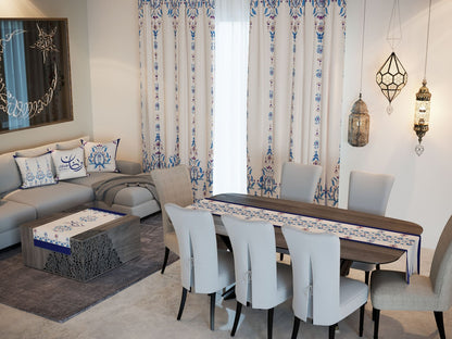 Blue Porcelain — the Ramadan set: curtains, cushions and runners in a living room — Karen Fabrics