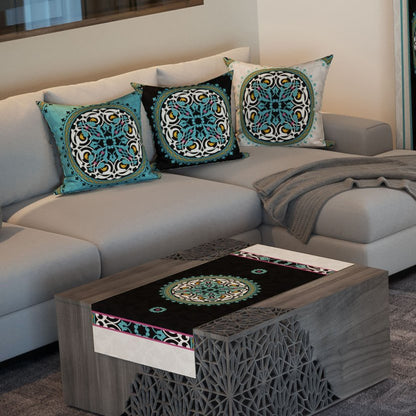 Midnight Medallion — the three cushions and the coffee-table runner
