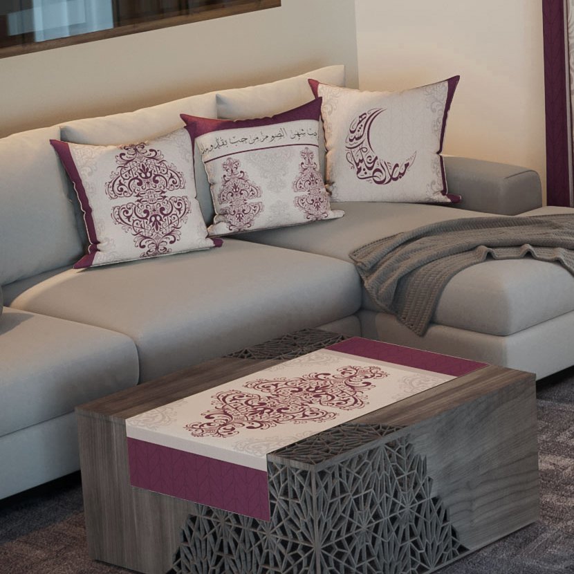 Plum Damask — the three cushions and the coffee-table runner