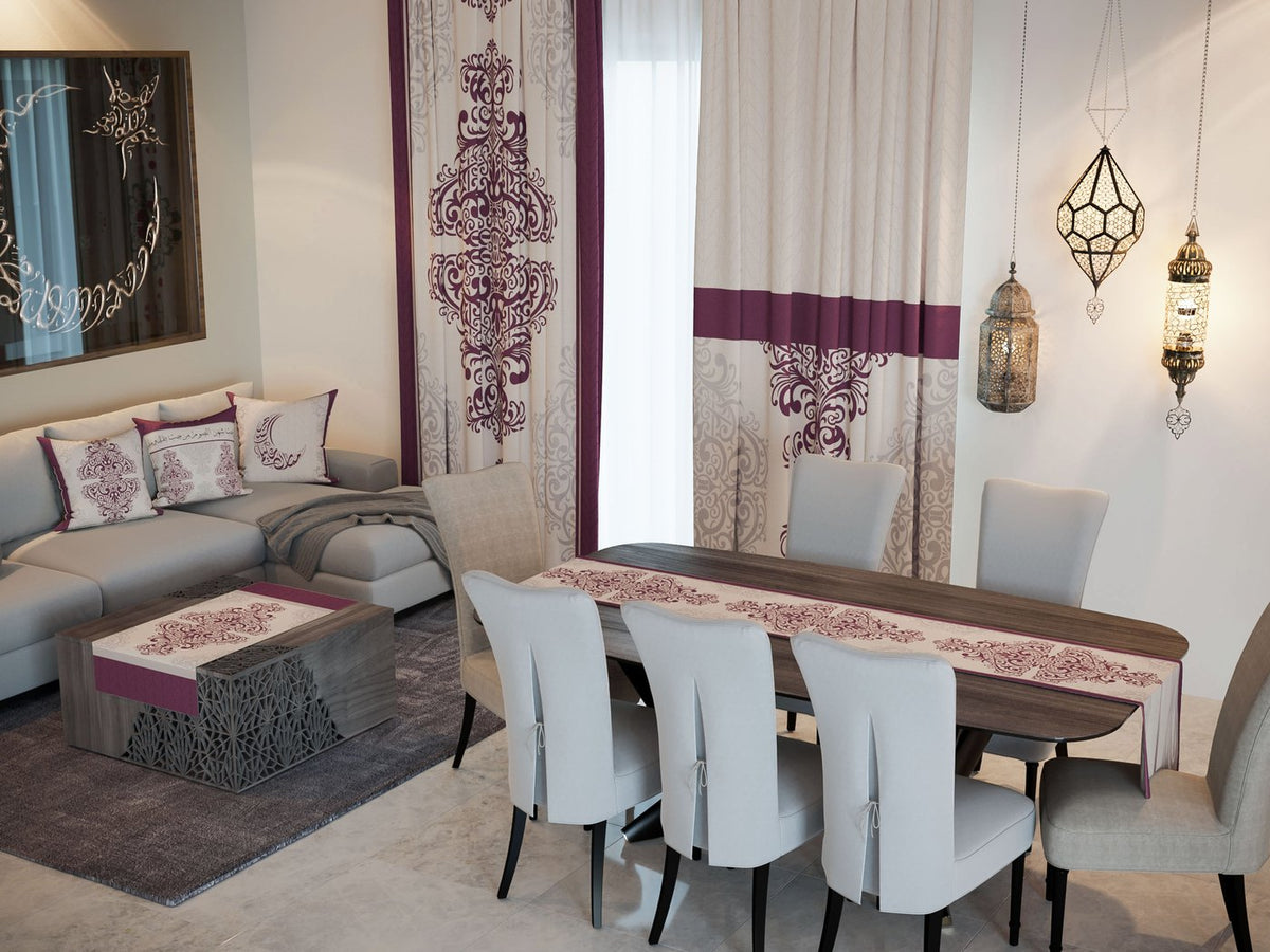 Plum Damask — the Ramadan set: curtains, cushions and runners in a living room — Karen Fabrics