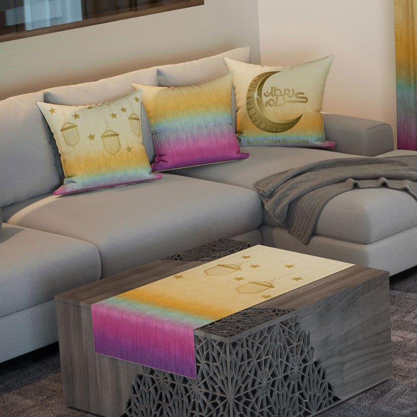 Ombre Lanterns — the three cushions and the coffee-table runner