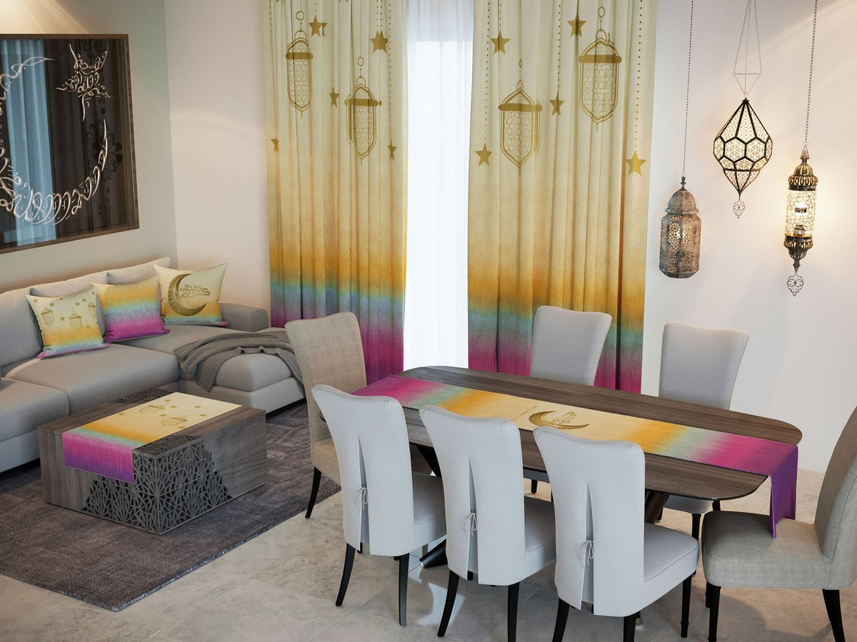 Ombre Lanterns — the Ramadan set: curtains, cushions and runners in a living room — Karen Fabrics