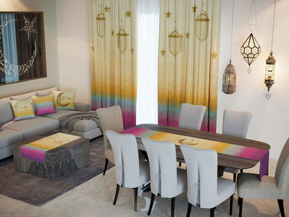 Ombre Lanterns — the Ramadan set: curtains, cushions and runners in a living room — Karen Fabrics