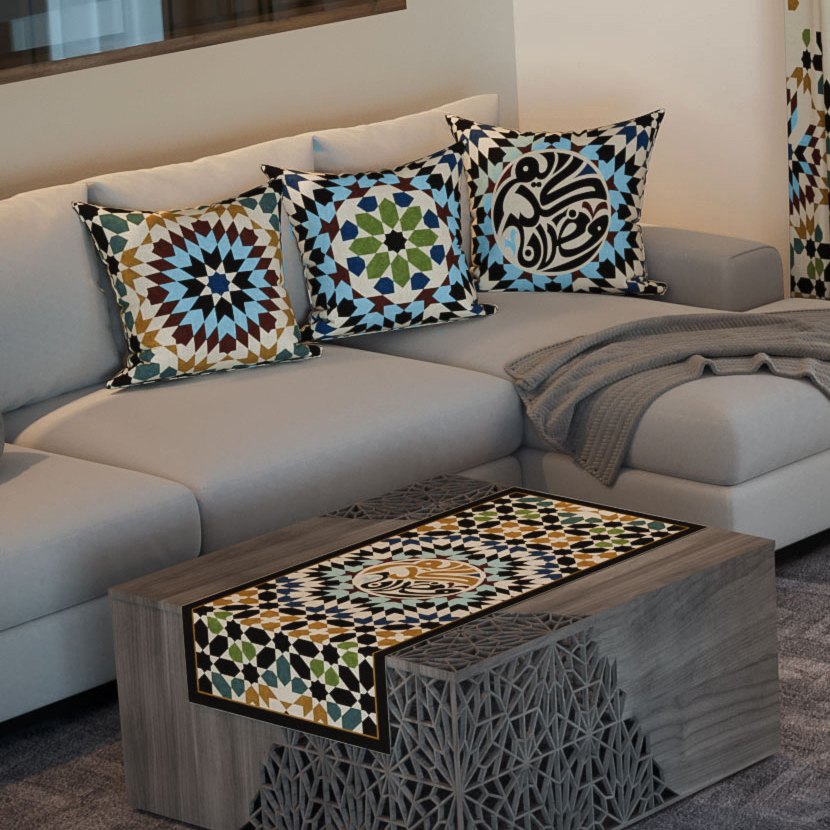 Mosaic Confetti — the three cushions and the coffee-table runner