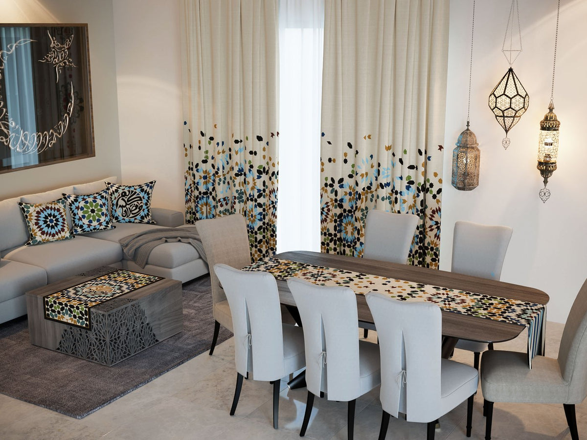 Mosaic Confetti — the Ramadan set: curtains, cushions and runners in a living room — Karen Fabrics