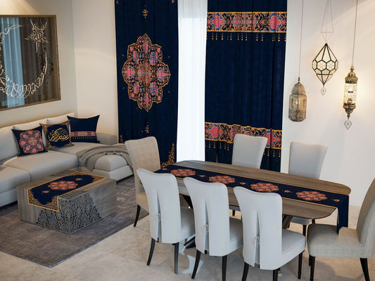 Navy & Gold Medallion — the Ramadan set: curtains, cushions and runners in a living room — Karen Fabrics