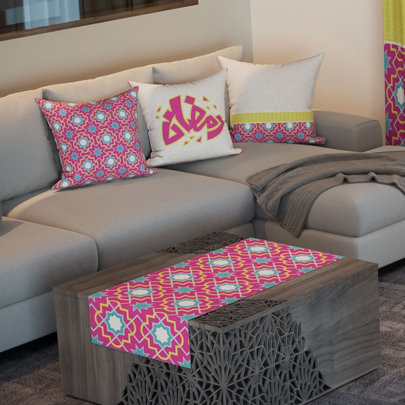 Pink & Lime Stars — the three cushions and the coffee-table runner