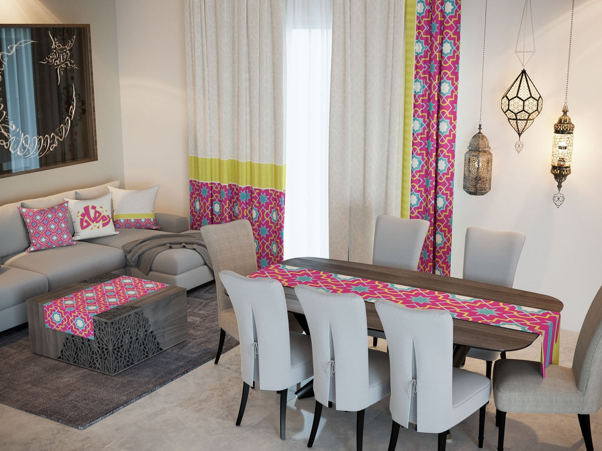 Pink & Lime Stars — the Ramadan set: curtains, cushions and runners in a living room — Karen Fabrics