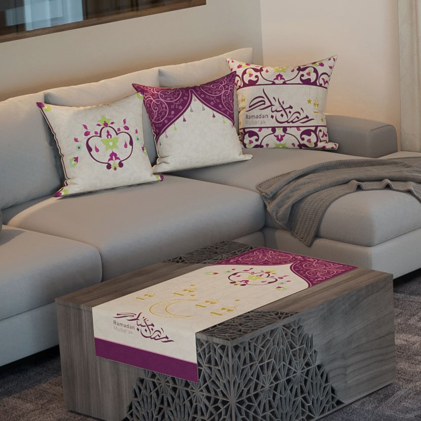 Plum Arches — the three cushions and the coffee-table runner