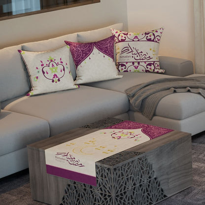 Plum Arches — the three cushions and the coffee-table runner
