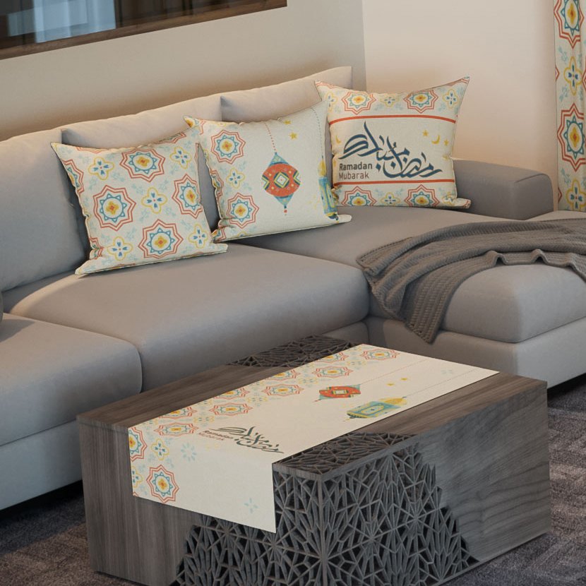 Pastel Lanterns — the three cushions and the coffee-table runner
