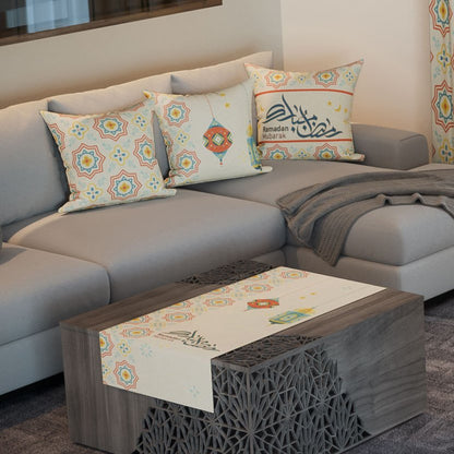 Pastel Lanterns — the three cushions and the coffee-table runner