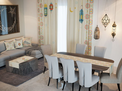 Pastel Lanterns — the Ramadan set: curtains, cushions and runners in a living room — Karen Fabrics