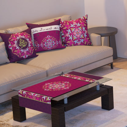 Magenta Arabesque — the three cushions and the coffee-table runner