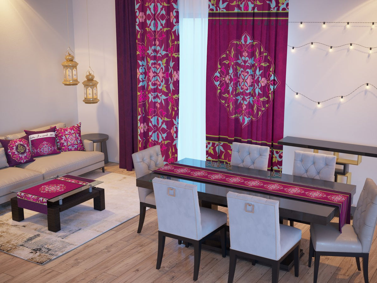 Magenta Arabesque — the Ramadan set: curtains, cushions and runners in a living room — Karen Fabrics