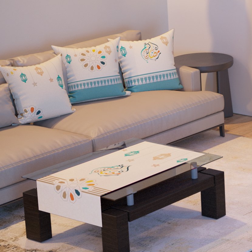 Ivory Star — the three cushions and the coffee-table runner