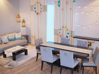 Ivory Star — the Ramadan set: curtains, cushions and runners in a living room — Karen Fabrics