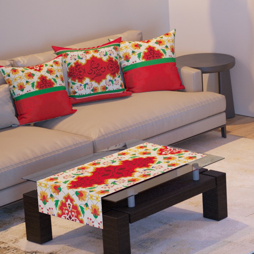 Red Tulip — the three cushions and the coffee-table runner