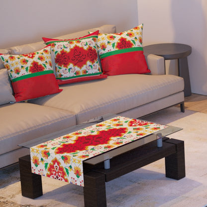Red Tulip — the three cushions and the coffee-table runner