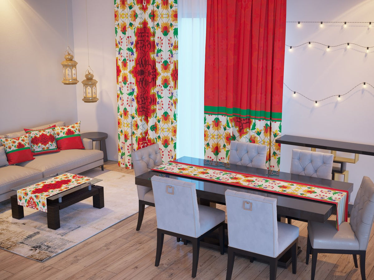 Red Tulip — the Ramadan set: curtains, cushions and runners in a living room — Karen Fabrics
