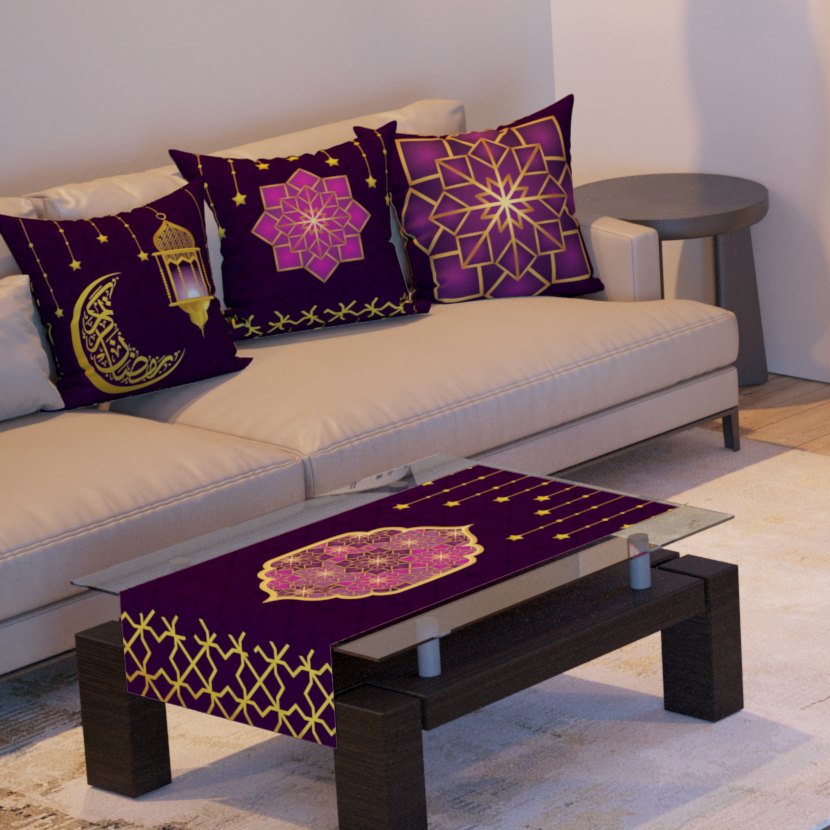 Plum & Gold Lanterns — the three cushions and the coffee-table runner