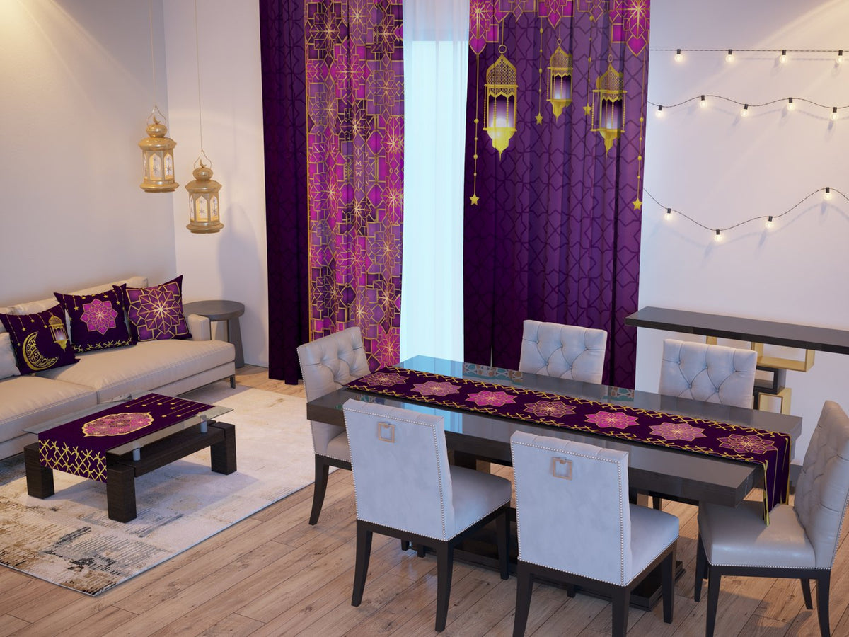Plum & Gold Lanterns — the Ramadan set: curtains, cushions and runners in a living room — Karen Fabrics