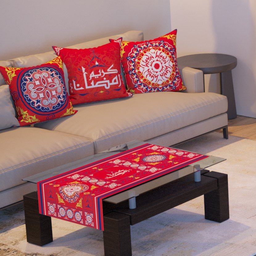 Khayamiya Red — the three cushions and the coffee-table runner