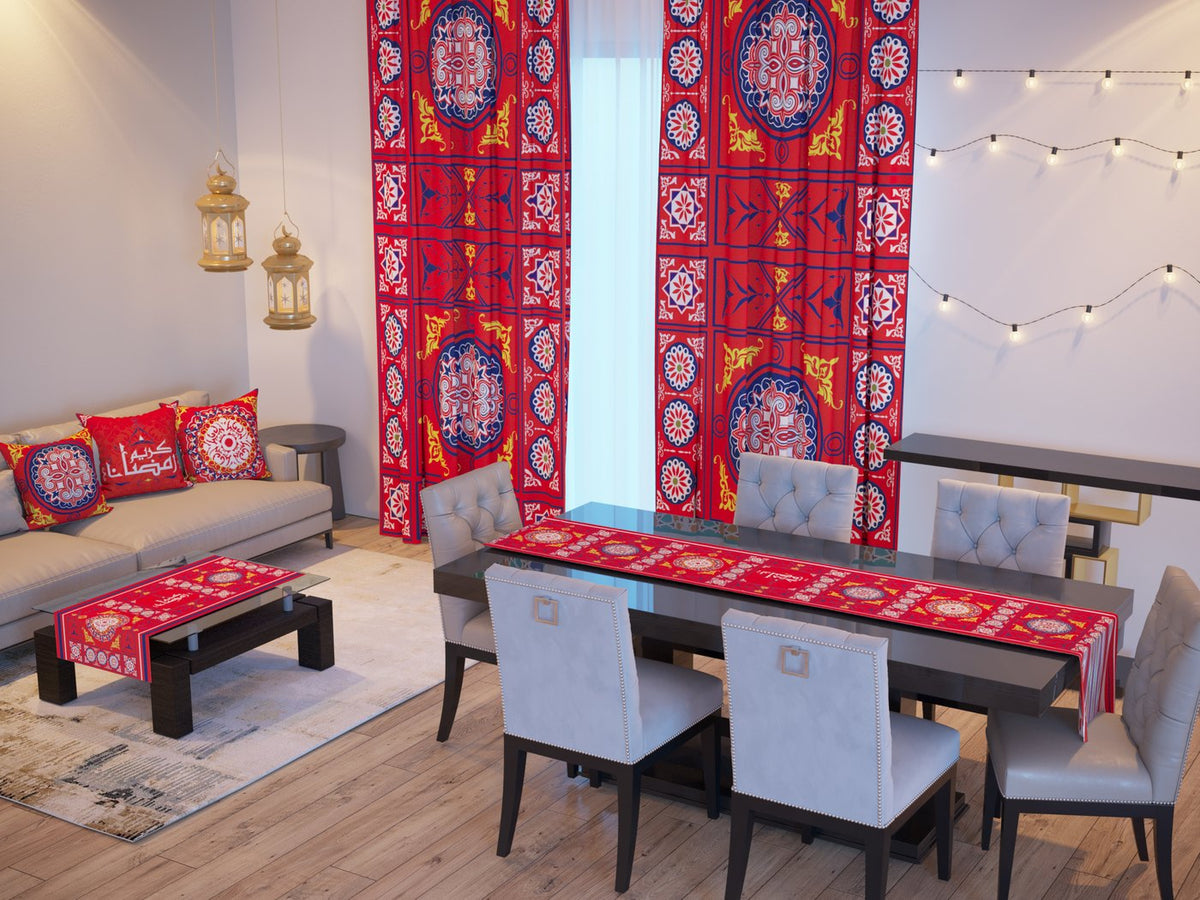 Khayamiya Red — the Ramadan set: curtains, cushions and runners in a living room — Karen Fabrics