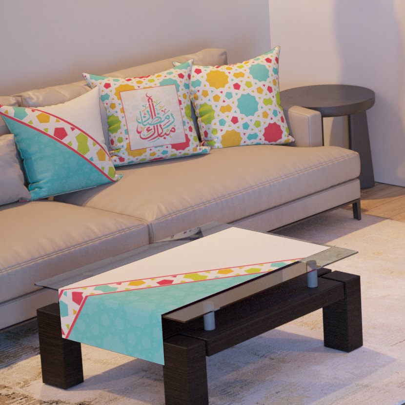 Turquoise Confetti — the three cushions and the coffee-table runner