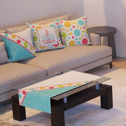 Turquoise Confetti — the three cushions and the coffee-table runner