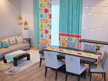 Turquoise Confetti — the Ramadan set: curtains, cushions and runners in a living room — Karen Fabrics