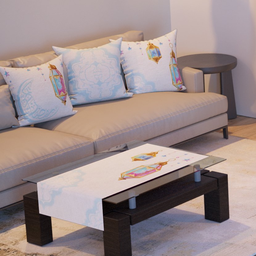 Crescent Watercolour — the three cushions and the coffee-table runner