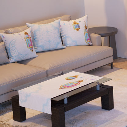 Crescent Watercolour — the three cushions and the coffee-table runner