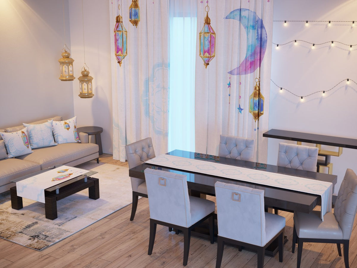 Crescent Watercolour — the Ramadan set: curtains, cushions and runners in a living room — Karen Fabrics