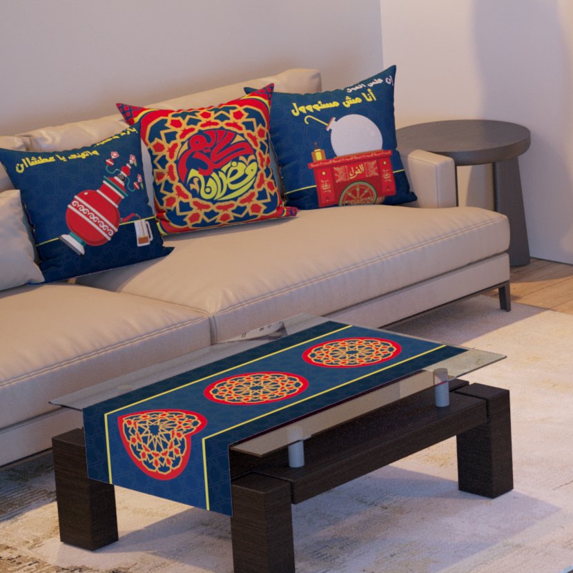 Red & Navy Khayamiya — the three cushions and the coffee-table runner