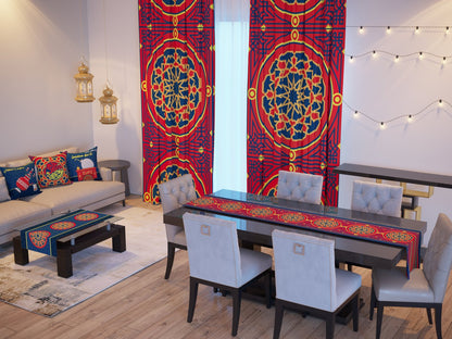 Red & Navy Khayamiya — the Ramadan set: curtains, cushions and runners in a living room — Karen Fabrics