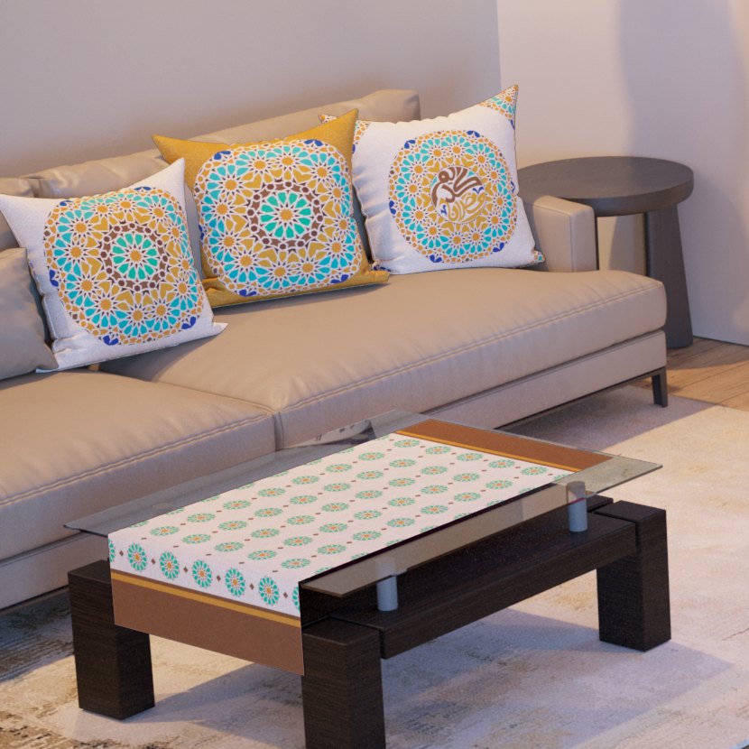 Teal & Gold Mandala — the three cushions and the coffee-table runner