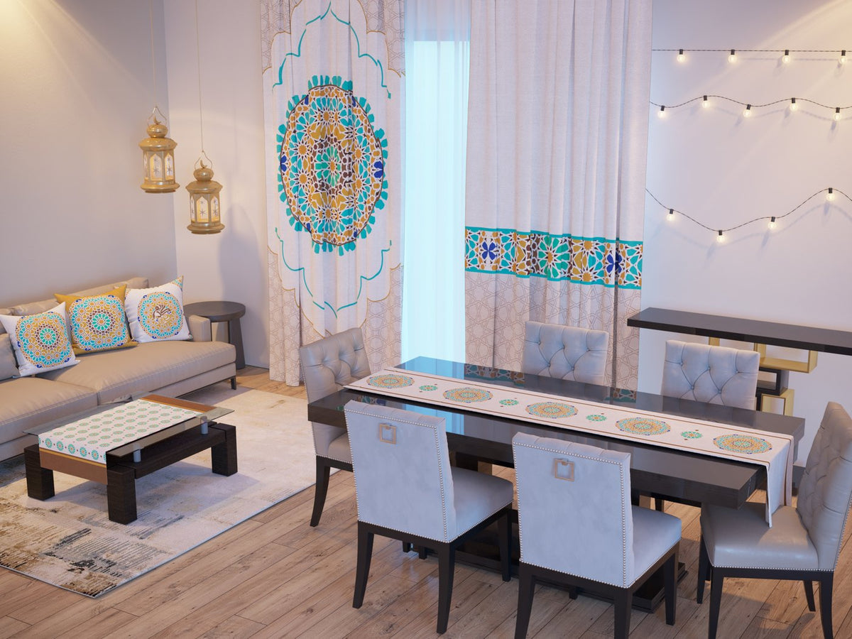 Teal & Gold Mandala — the Ramadan set: curtains, cushions and runners in a living room — Karen Fabrics