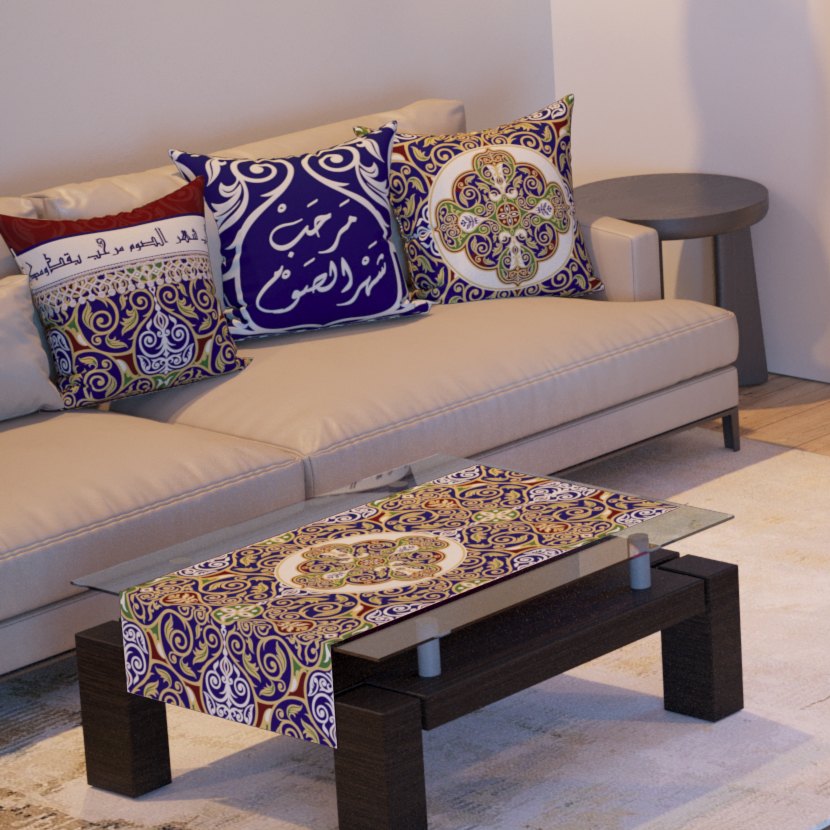 Indigo Khayamiya — the three cushions and the coffee-table runner