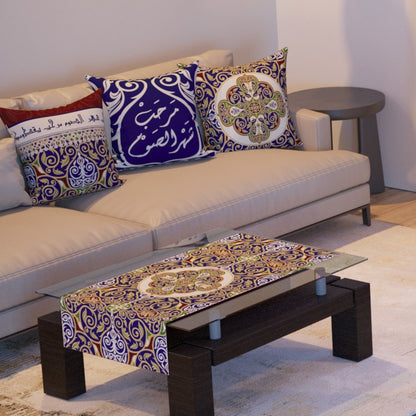 Indigo Khayamiya — the three cushions and the coffee-table runner