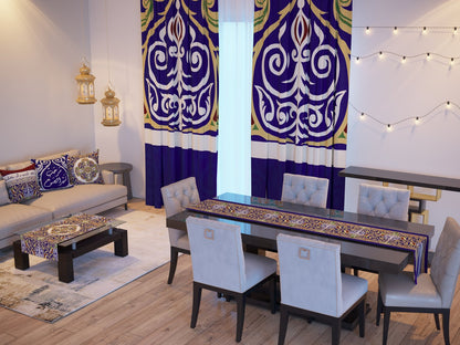 Indigo Khayamiya — the Ramadan set: curtains, cushions and runners in a living room — Karen Fabrics