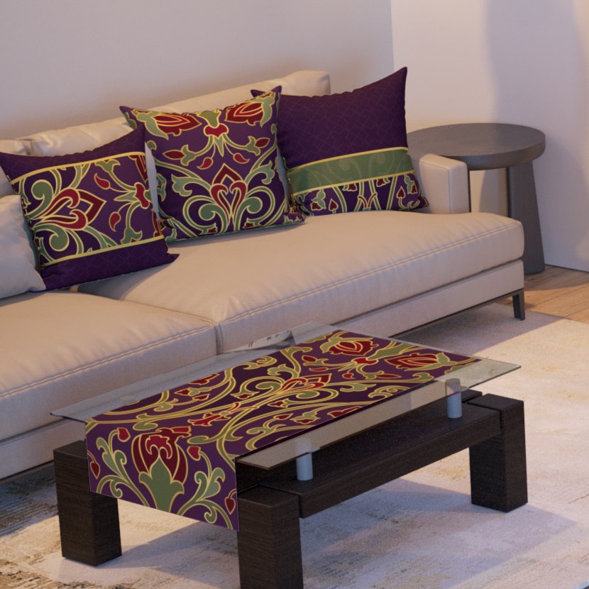 Plum Arabesque — the three cushions and the coffee-table runner