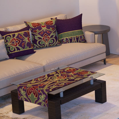 Plum Arabesque — the three cushions and the coffee-table runner