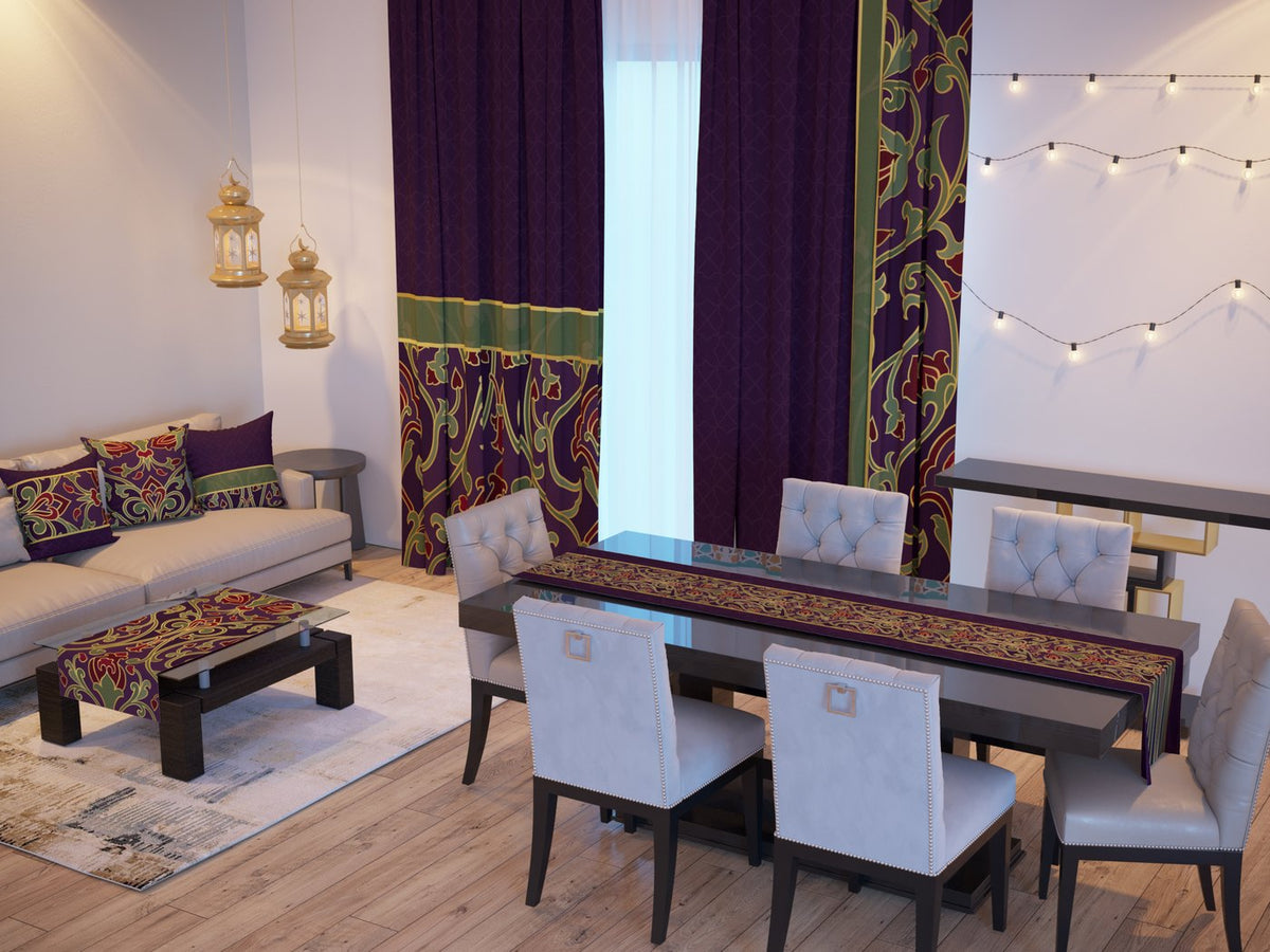 Plum Arabesque — the Ramadan set: curtains, cushions and runners in a living room — Karen Fabrics