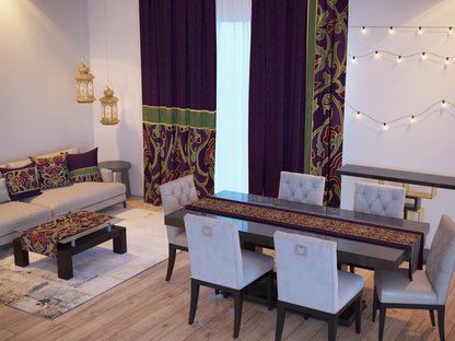 Plum Arabesque — the Ramadan set: curtains, cushions and runners in a living room — Karen Fabrics