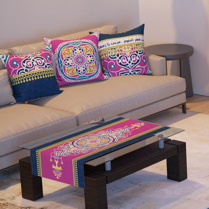 Pink Khayamiya — the three cushions and the coffee-table runner