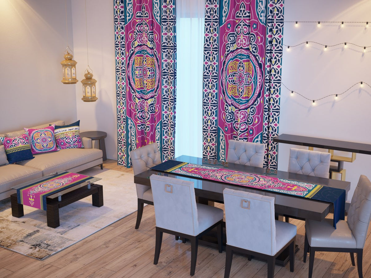 Pink Khayamiya — the Ramadan set: curtains, cushions and runners in a living room — Karen Fabrics
