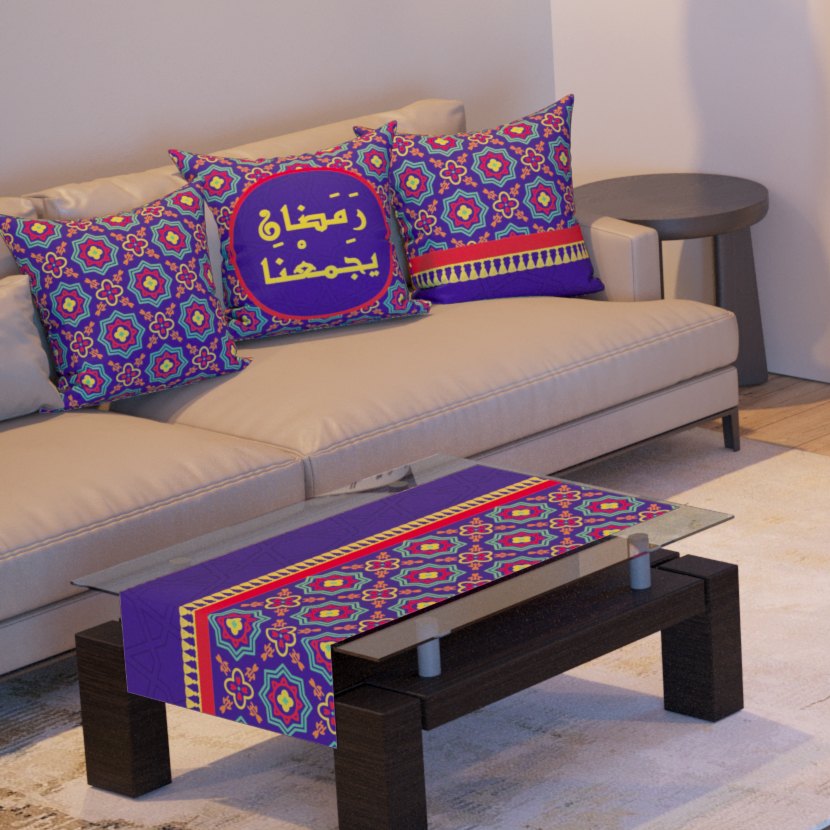 Royal Blue Khayamiya — the three cushions and the coffee-table runner