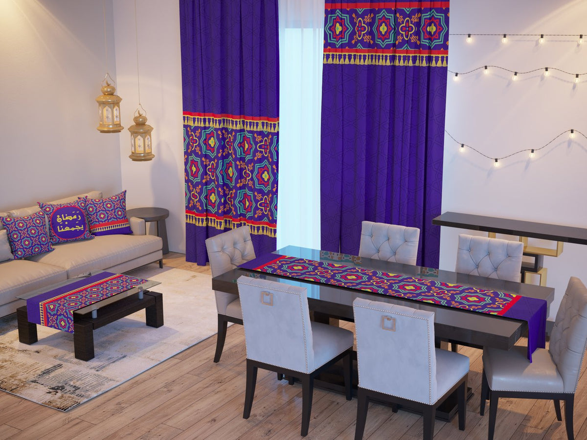 Royal Blue Khayamiya — the Ramadan set: curtains, cushions and runners in a living room — Karen Fabrics